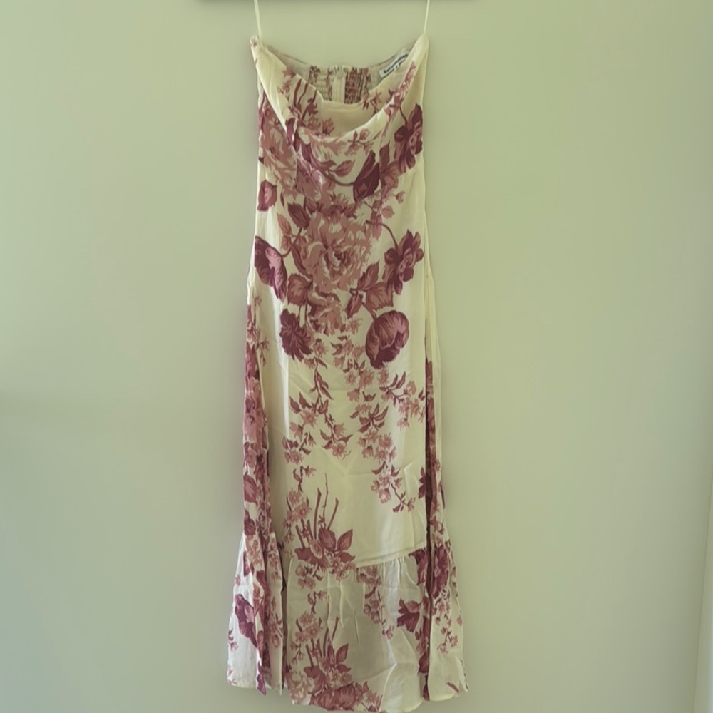 Reformation Strapless Dress in Cream and Purple Floral